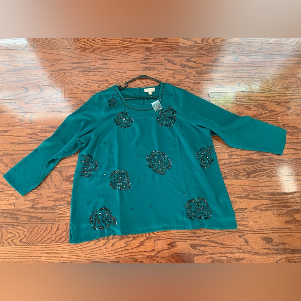 Kelly by Clinton Kelly Rose Sequin Embellished Chiffon Blouse, Green, Size 2XL
